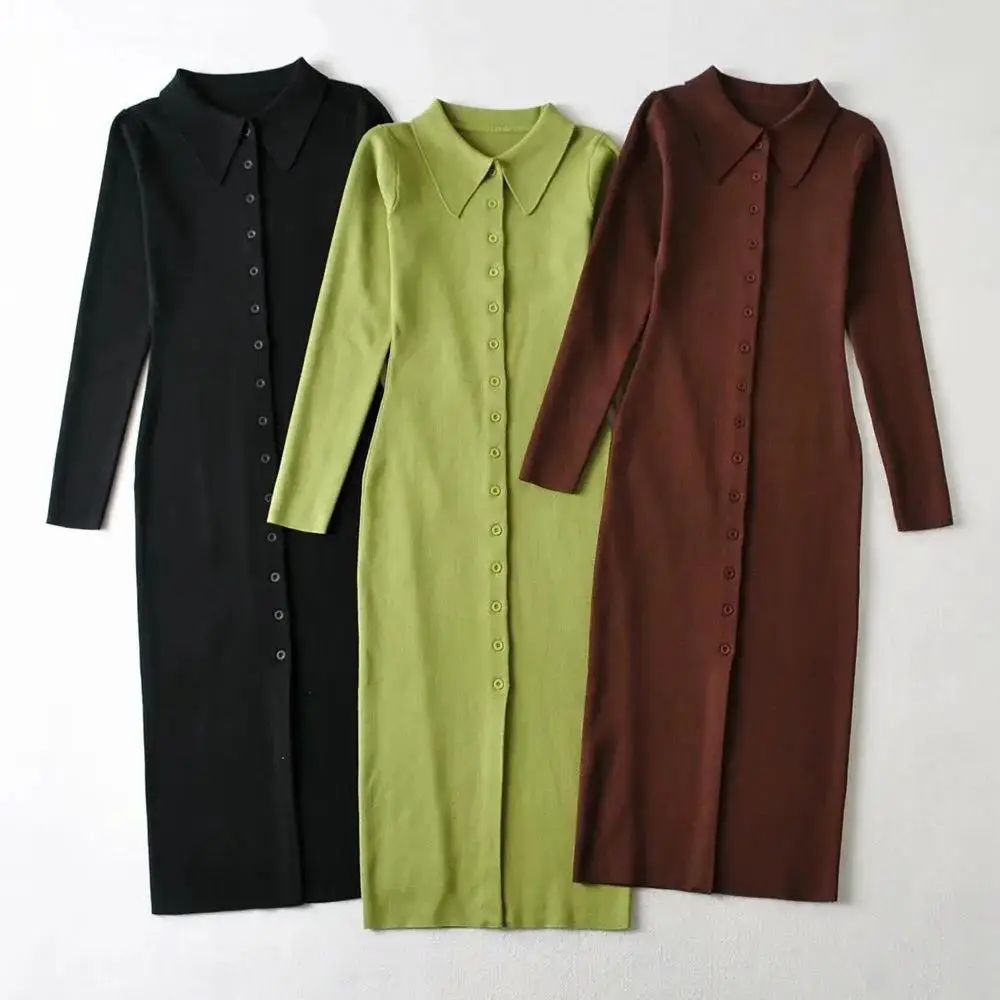 

2025 Autumn Fashion Women Long Sleeve Knitted Dress Turn-down Collar Single Breasted Sweaters Female Commute Casual Long Skirt