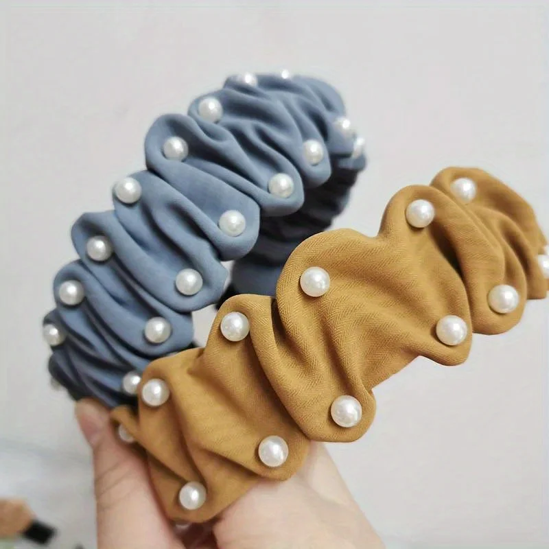 

Korean Candy Color Headband Pleated Fabric Hair Hoop with Pearl Accent Retro Sweet Style Hairband for Women Girls