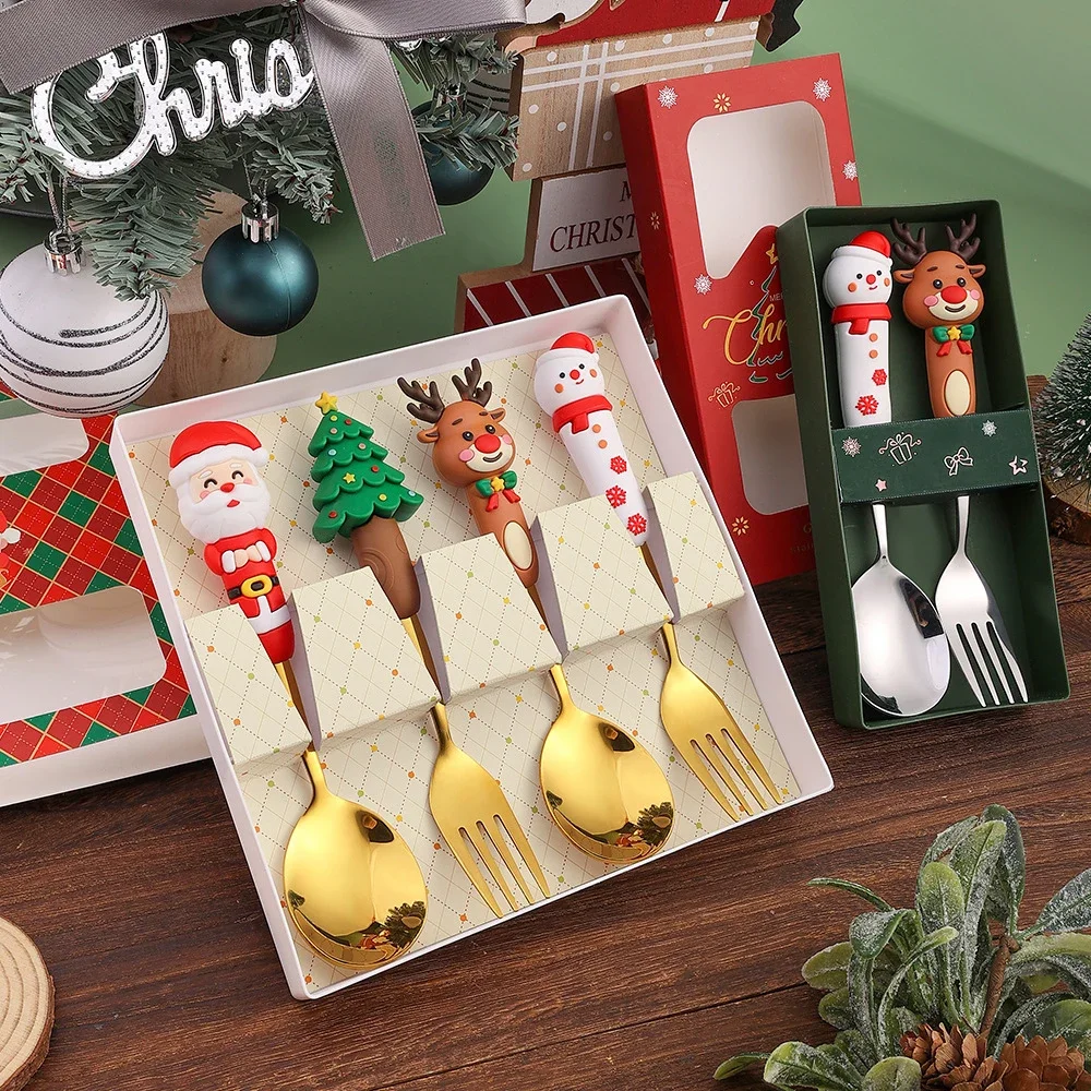 2PCS Christmas Spoons Fork Set Christmas Cutlery Set Elk Dessert Scoop Fruit Fork Coffee Spoon Stainless Steel Dessert Fork Set