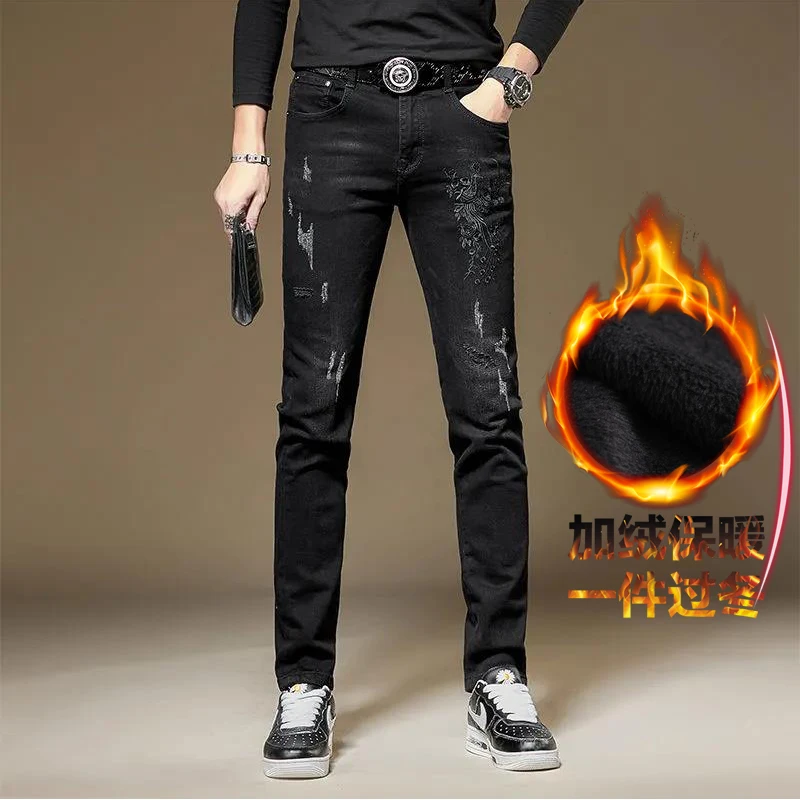 

Korean high-end trend brand embroidery men's padded warm jeans slim casual black new men's pants