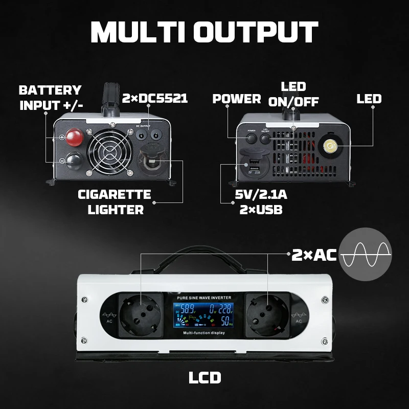 Imagem -04 - Powerwin Bt100 12.8v 100ah 1280wh Embutido Bms Lifepo4 Pi1200 Portátil 12v 1200w Onda Senoidal Pura Tela Lcd de Tomada da ue