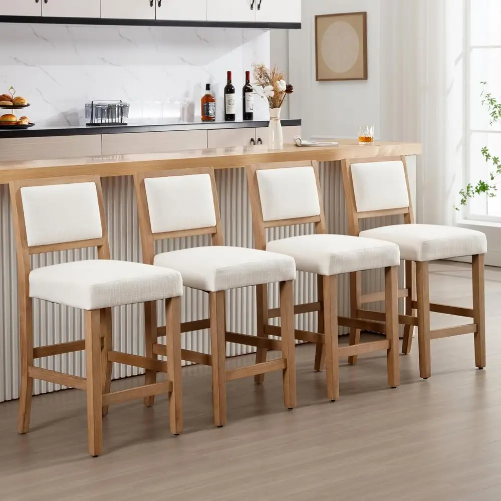

Set of 4 26 Inch Beige Farmhouse Counter Height Bar Stools Upholstered Linen Bar Chairs with Back and Natural Wood Legs for Kitc