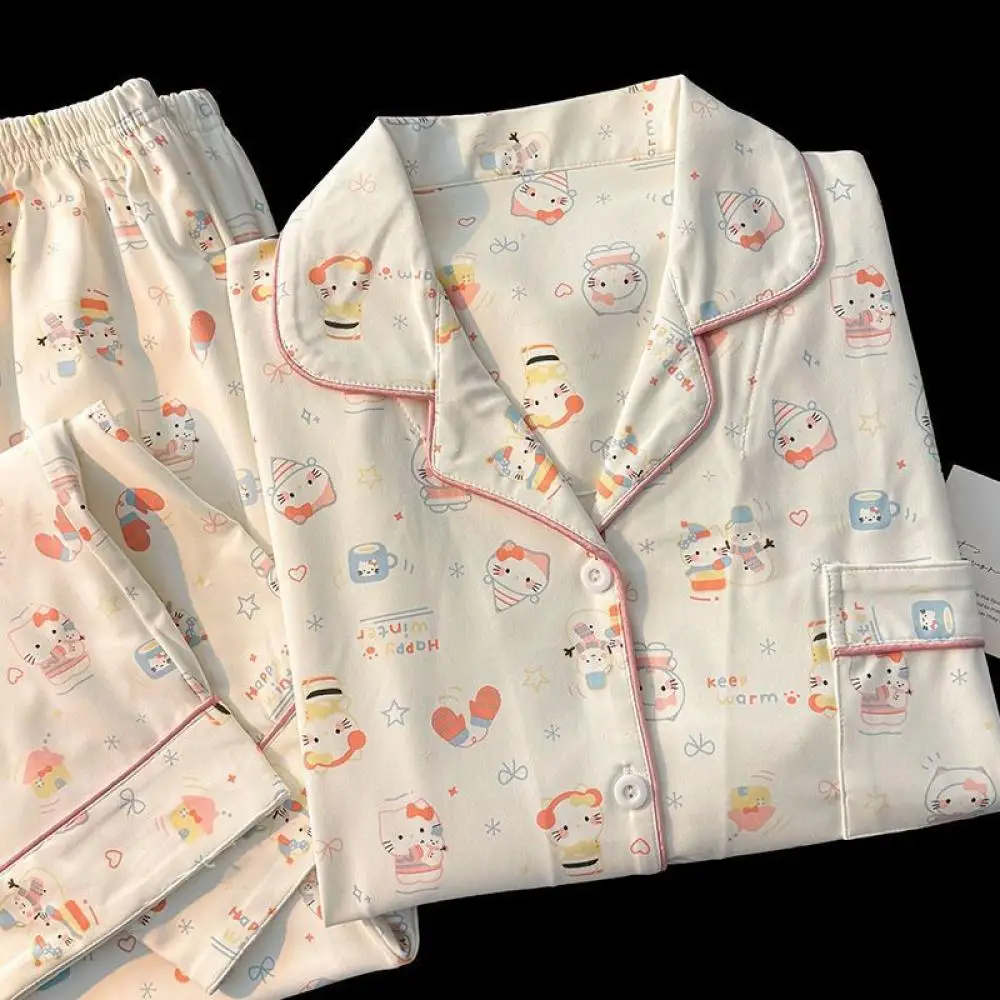 

Kawaii Hello Kitty, женская ночная рубашка, милый пижамный комплект, топ с длинными рукавами и брюки с героями мультфильмов, милая студенческая домашняя одежда для девочек в стиле аниме