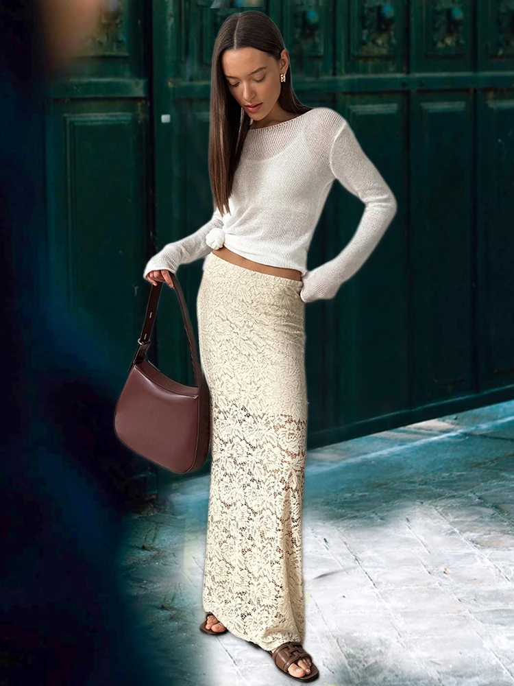 Women Lace Maxi Skirt Y2K Vintage Bodycon Hem Ruffle Transparent High Waist Beige Long Skirt Summer Fashion Streetwear Skirt