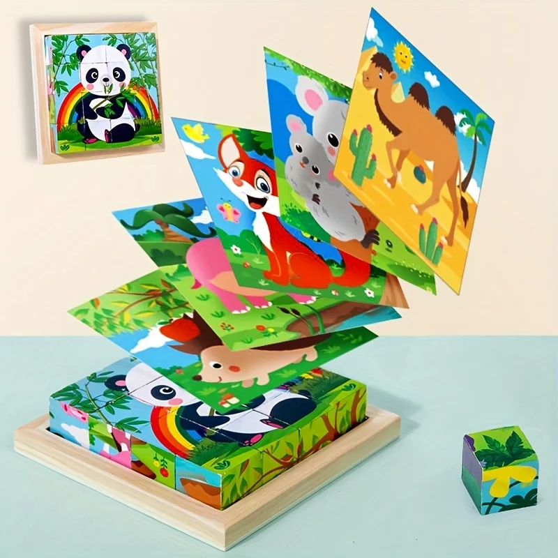 Baby Wooden Blocks Toys Baby Cartoon Animal Tangram Children Six Side Cube Jigsaw Puzzles Game Kindergarten Educational Toy