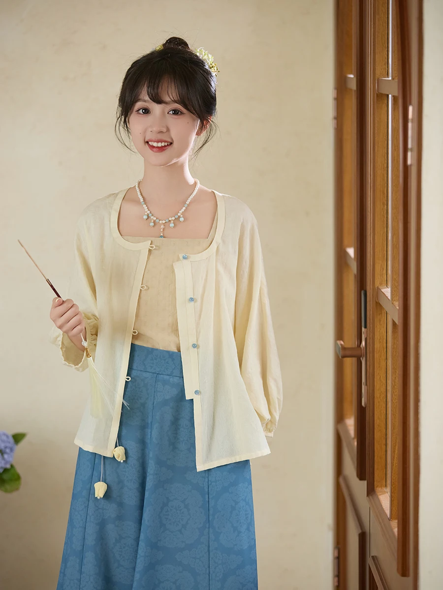 

Autumn Wood Hanfu Semi-Hill Clear Tang Dynas Reformed Yellow Chien Heart Collar ort irt Strap T Flower k Patter...