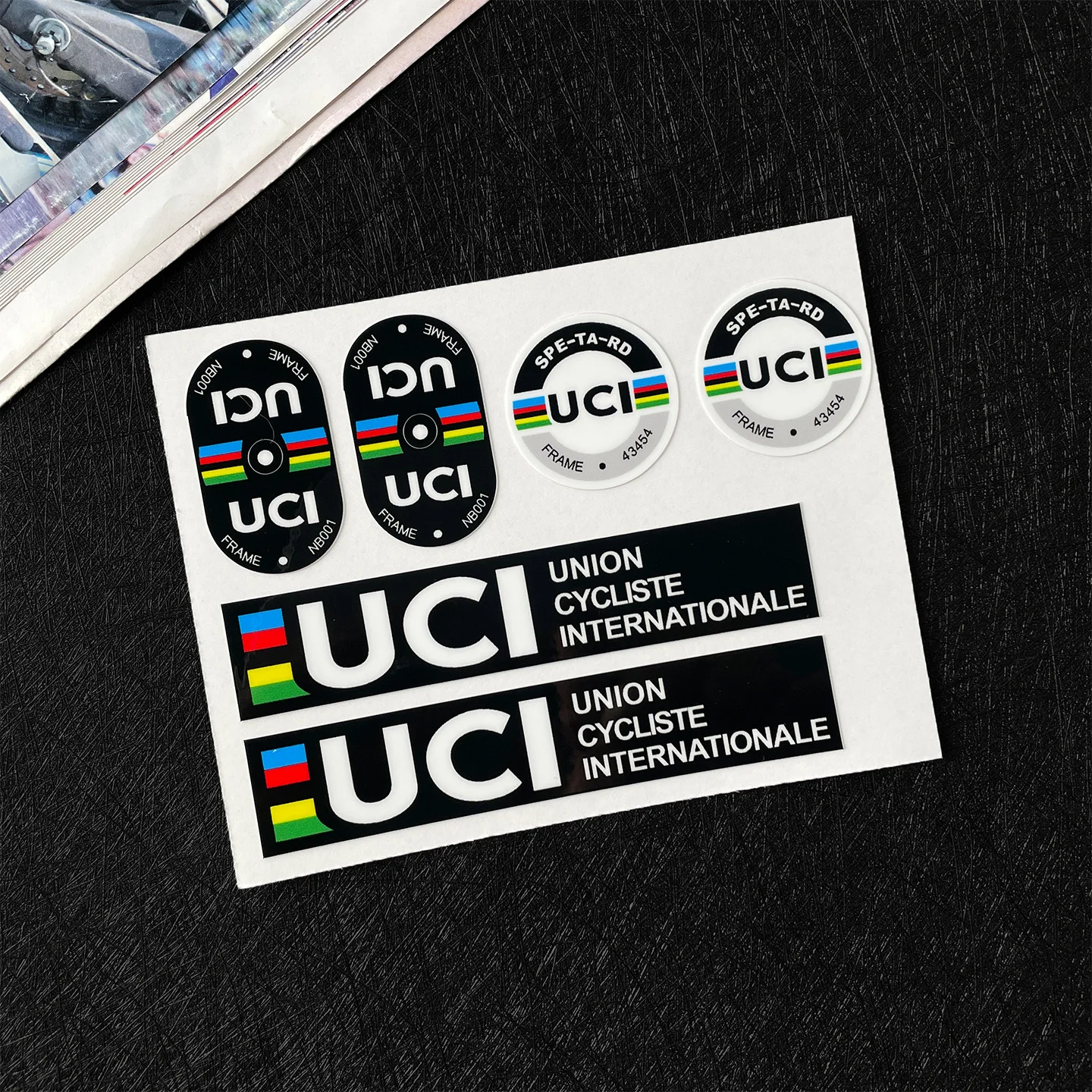 6 Stück/Blatt UCI Rennrad-Aufkleber-Set, wasserdicht, für Mountainbike-Rahmen, Ventilring, Speichen, DIY-Dekorationszubehör, Aufkleber