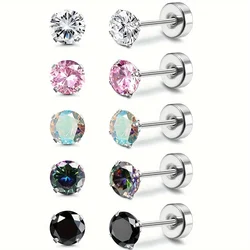 1 Pair Stainless Steel Round Cubic Zirconia Flat Back Stud Earrings Piercing Sleeper Cartilage Screwback Studs for Women Men
