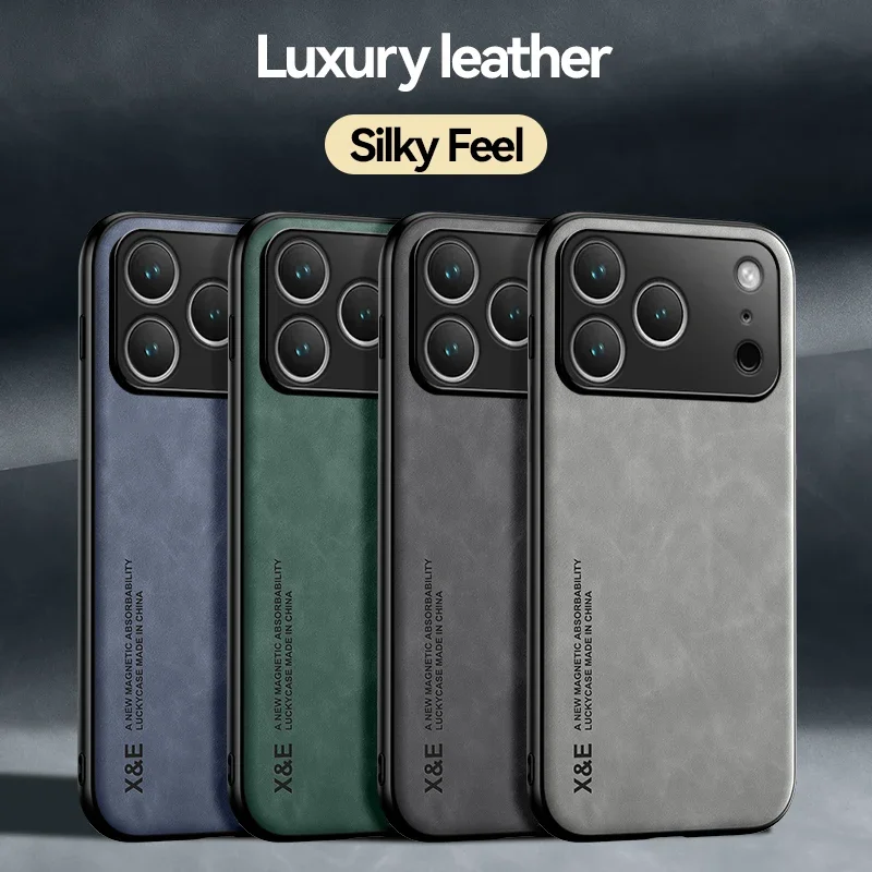Luxus-Ledertasche für iPhone 17 16 15 14 13 12 11 Pro Max Plus 13 12 Mini 17 Air 16E Abdeckung mit Metallplatte Unterstützung Auto halten