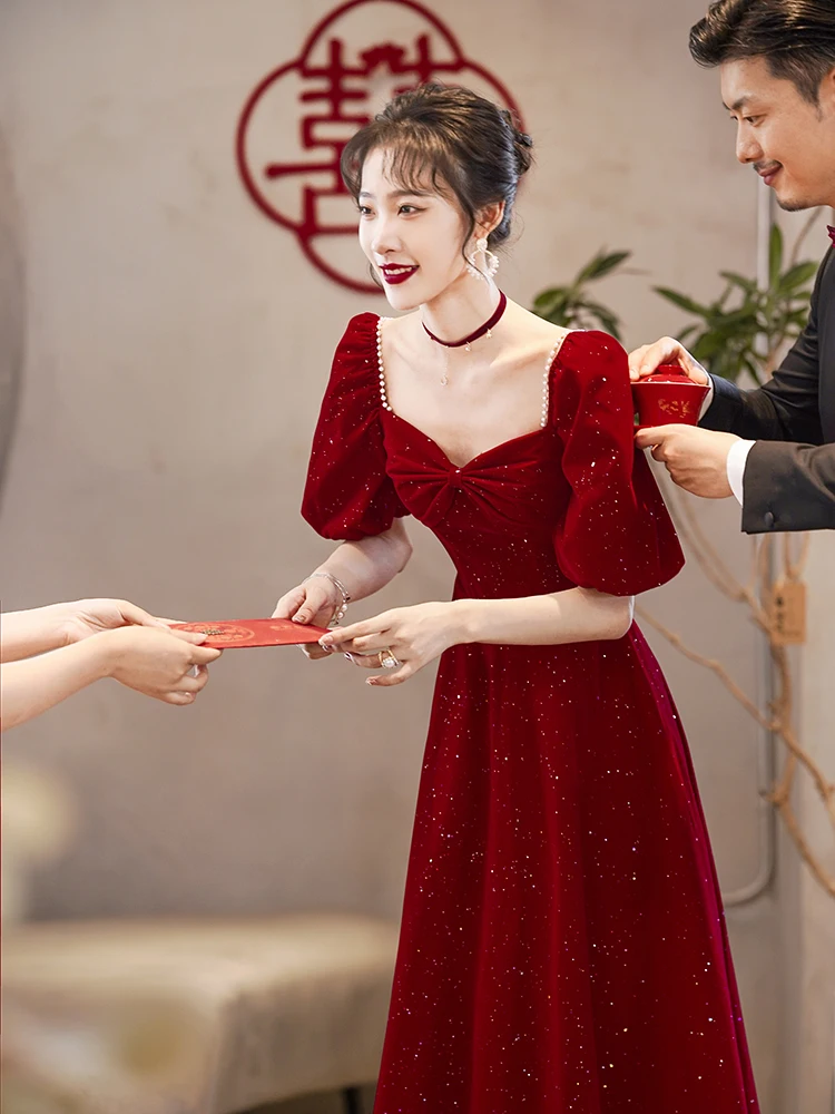 

Princ Fugitive Wedding Dr Velvet Red Color Women's Sle Long Sve Pearl Embellied Floor Length Simple Ele Design