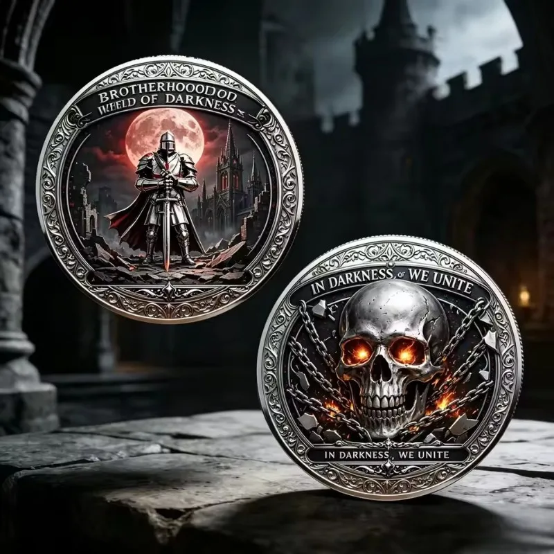 Dark Brotherhood Medieval Knight Skull Challenge Coin Silver Plated 2D Commemorative Token 40mm Round Shape Gothic Gift