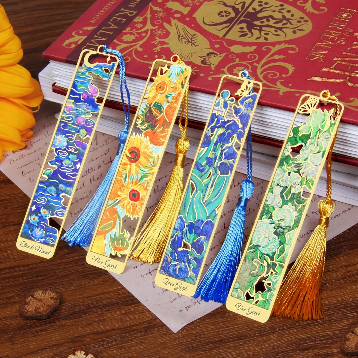 4pcs Metal Bookmarks with Tassel, Golden Van Gogh Monet Oil Painting Theme Cute Book Markers for Reading Women, Book Lovers