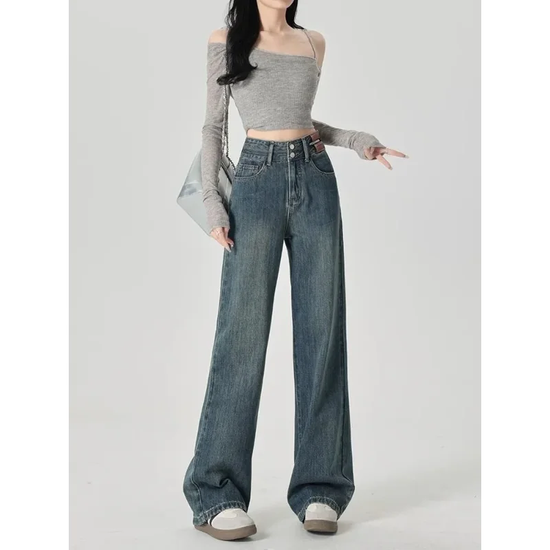 

Прямые джинсы с высокой талией в американском стиле ретро для женщин весной 2025 года. Новые свободные широкие брюки в пол.