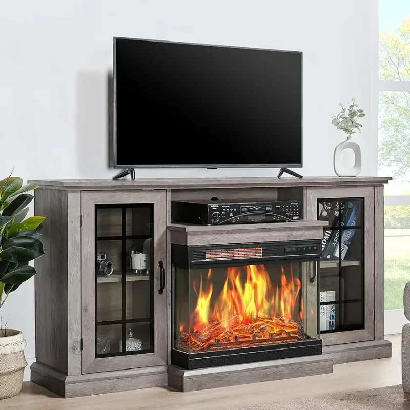 

Fireplace TV Stand 59" Media Entertainment Center with Farmhouse Glass Door Storage Cabinet, TV Console Table for TVs up to 65"