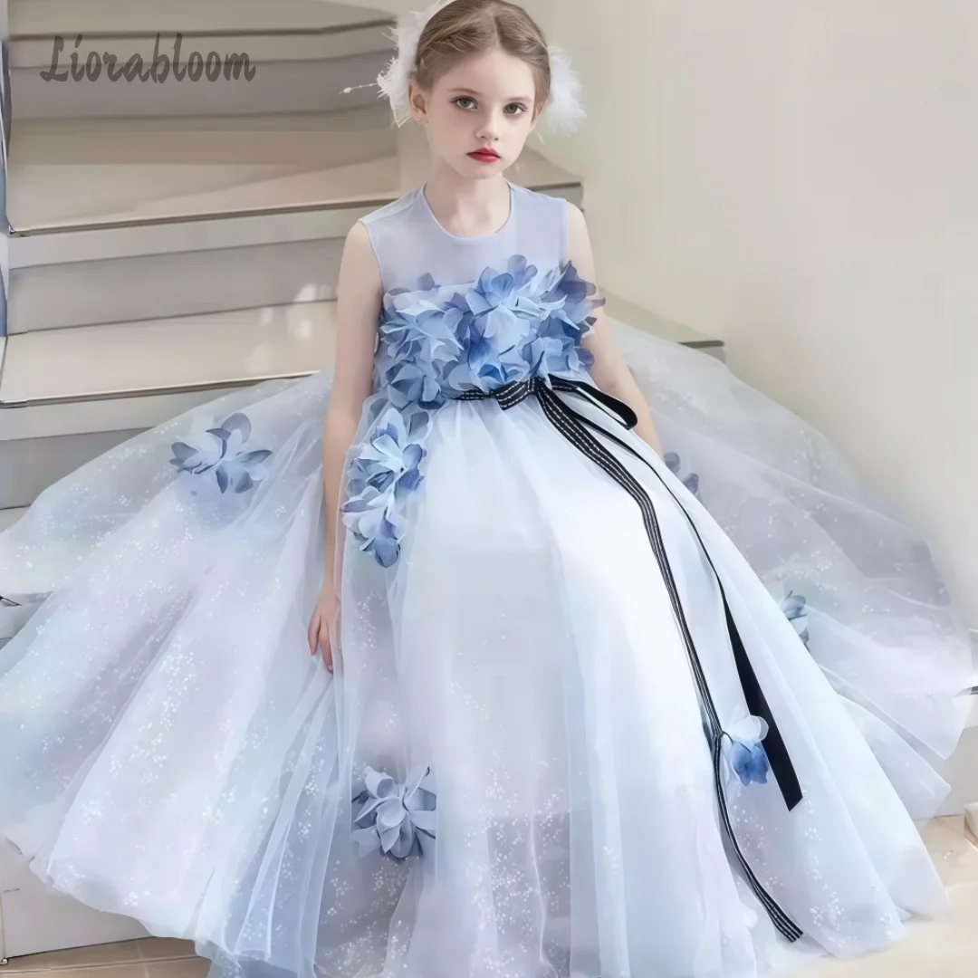 

Elegant Girls' Formal Dress Blue Fairy-Style Fluffy Gown Tulle Flower Girl Dress Wedding Party Attire Dress свадебное платье