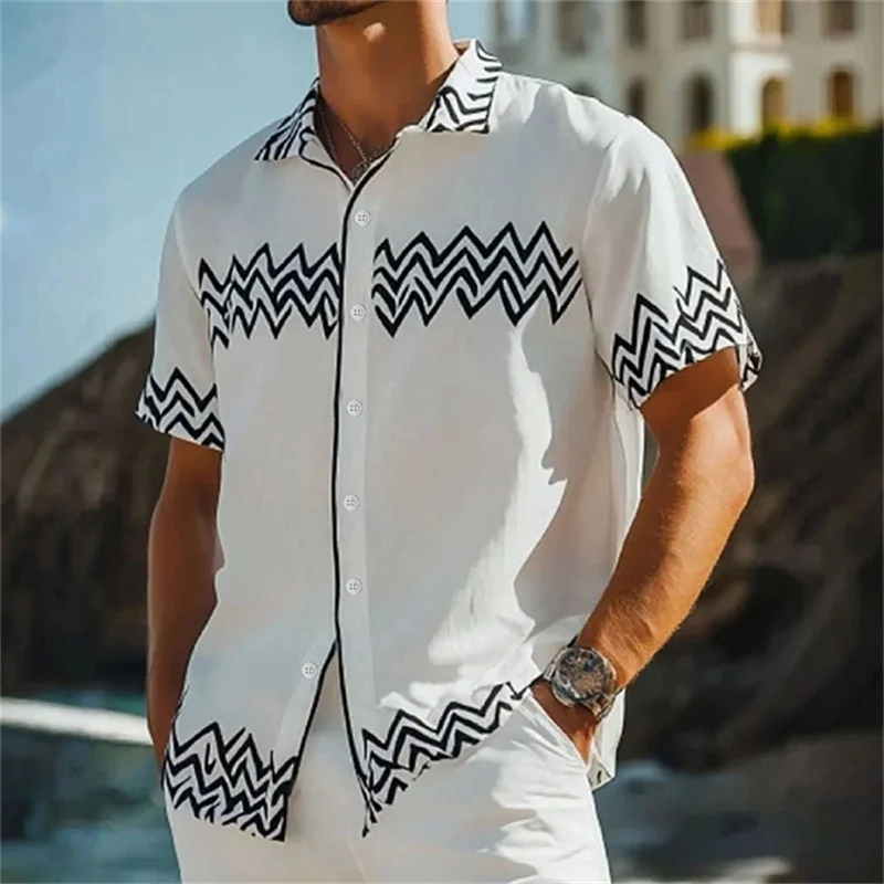 2026 Summer Men's Geometric Print Short-Sleeve Shirt, Casual Collared Button-Up Beach Shirt, Breathable Men's Vacation Top