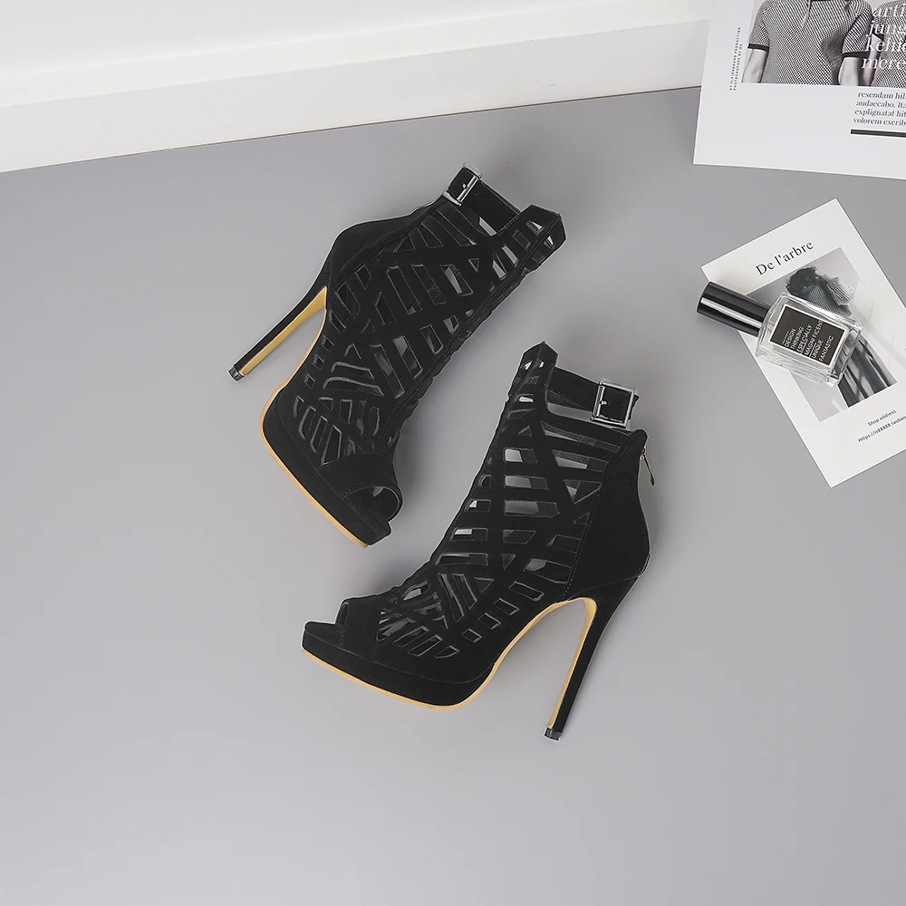 2024 new spring summer women ankle boots plus size 22-28cm Superfiber peep toe back zip high heels Hollow Cool boots Gladiator