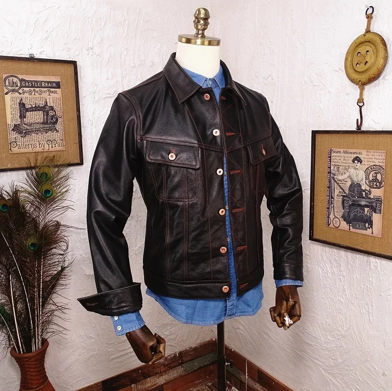 shipping.Popular Free vintage casual style genuine leather jacket.Cheap men slim fit cowhide coat.Plus size rider cloth