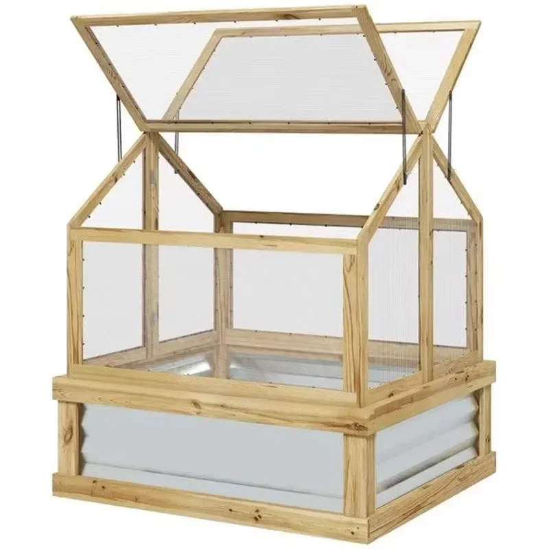 Wood Greenhouse for Garden Plant Growing with Transparent Panels and Hinged Roof Design