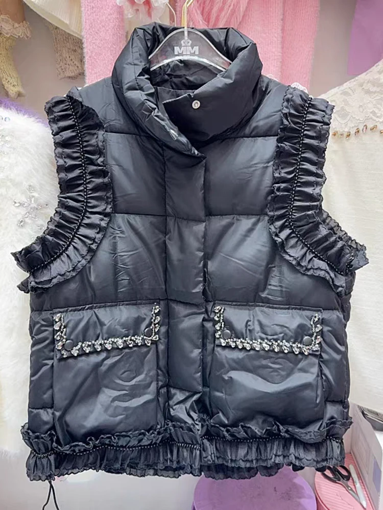 EWQ Casual Nail Bead Cooton Vest Coat Women's 2024 Autumn Winter New Stand Collar Sleeveless Elegant Jackets Female 27X1888