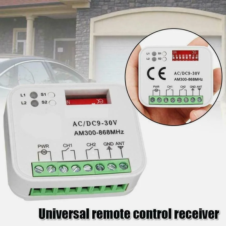 

Gate Receiver 300-868MHz AC DC 9-30V Universal Remote Control Garage Door Receiver 2 Channels Gate 433mhz 868mhz Barrier Fob