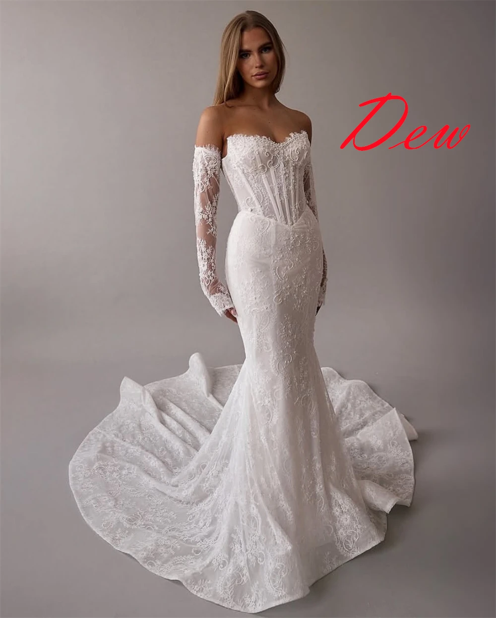 

Customized High Quality White Organza Bridal Gowns Simple Strapless Detachable Sleeve Long Sleeves Wedding Dress Mermaid Dress