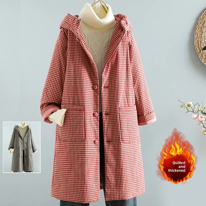 

Хлопковое длинное пальто в клетку в стиле ретро с капюшоном, женская зимняя теплая хлопковая одежда большого размера, свободная посадка для поездок на работу