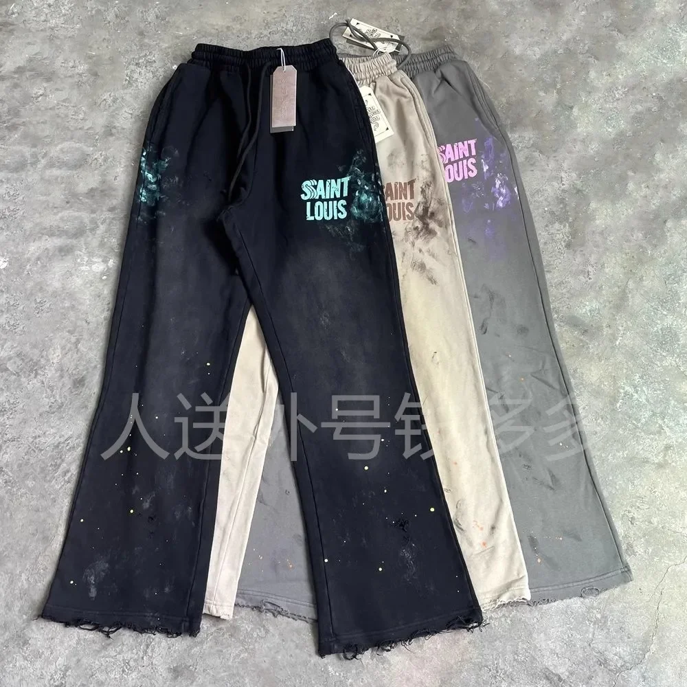 Splashing Ink SSSAINT LOUIS Sweatpants Casual Loose Drawstring Pants Men Women Hip Hop Hole Damaged Retro Washed Jogger Trousers