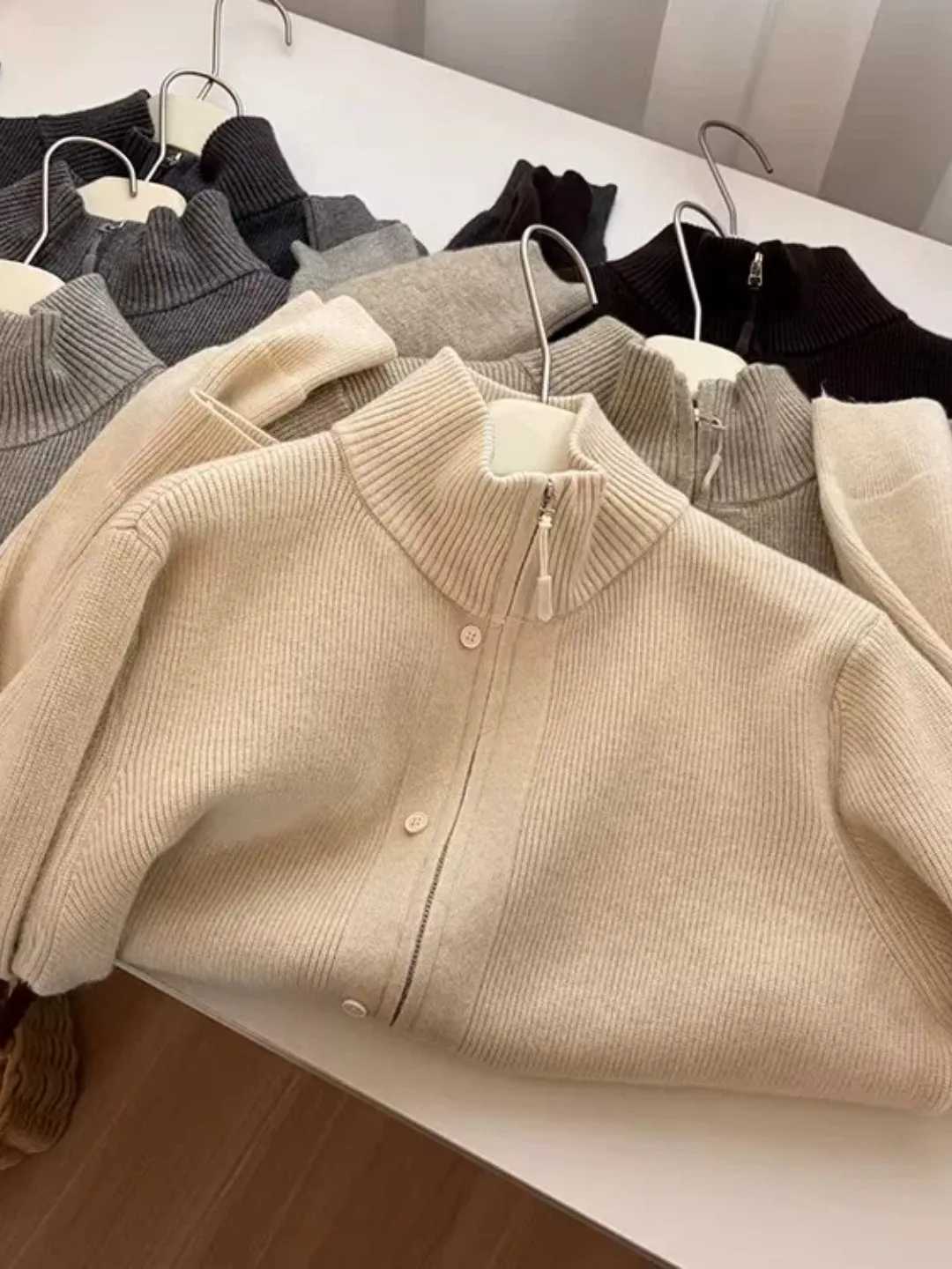 Double Zipper High Collar Knitted Open Cardigan Women's Autumn Winter Fashion Sensation Decorative Button Vertical Stripe Pur...
