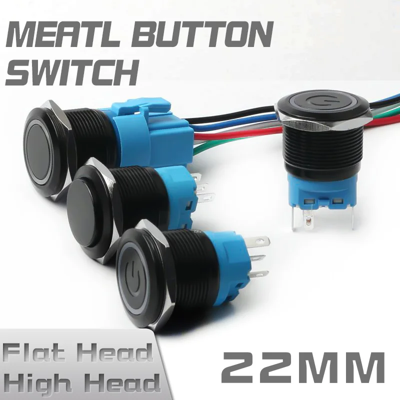 

22mm Black Push Button Switch Waterproof illuminated Led Light Metal Flat Switches With Annular Power Mark 5V 12V 24V 220V