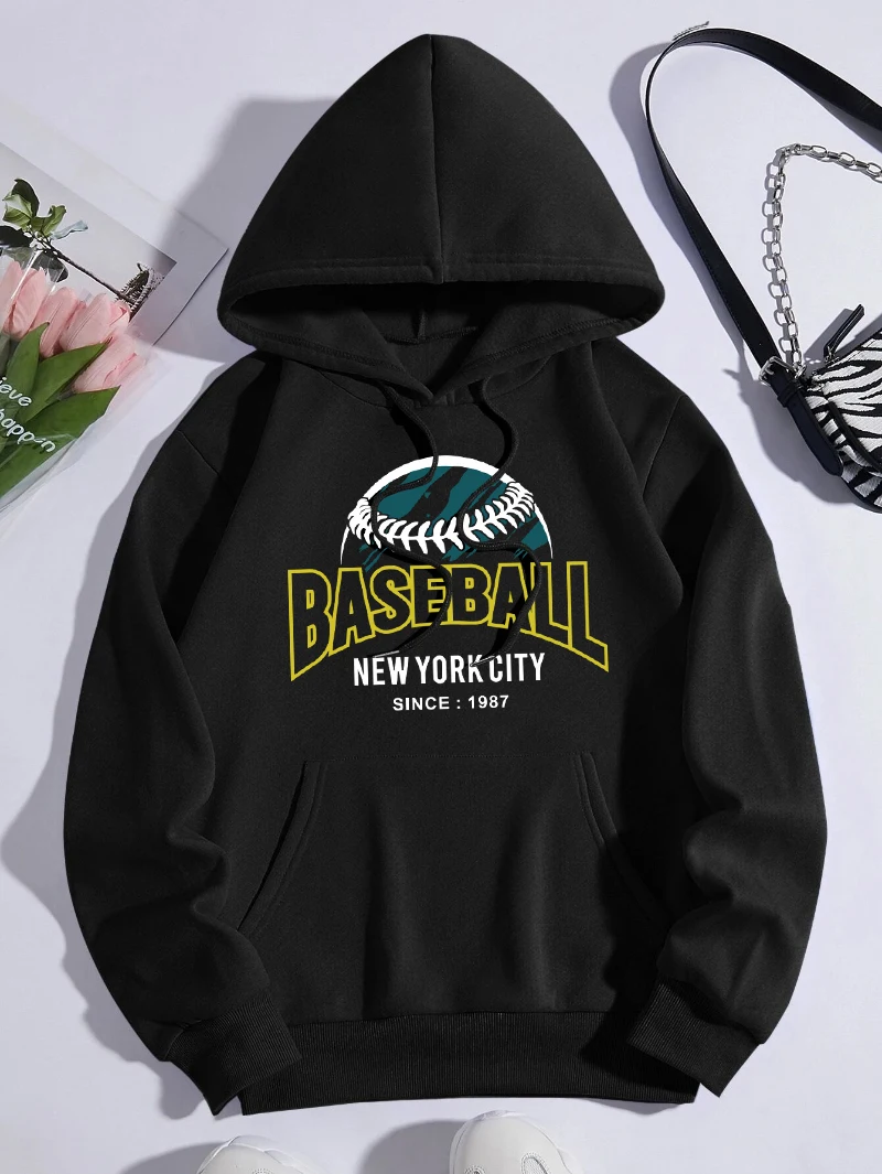 

New York City Hoodie Women Baseball Printing Sweatshirt Fleece Warm Pocket Loose Sportswear Winter Comfortable Woman Clothes