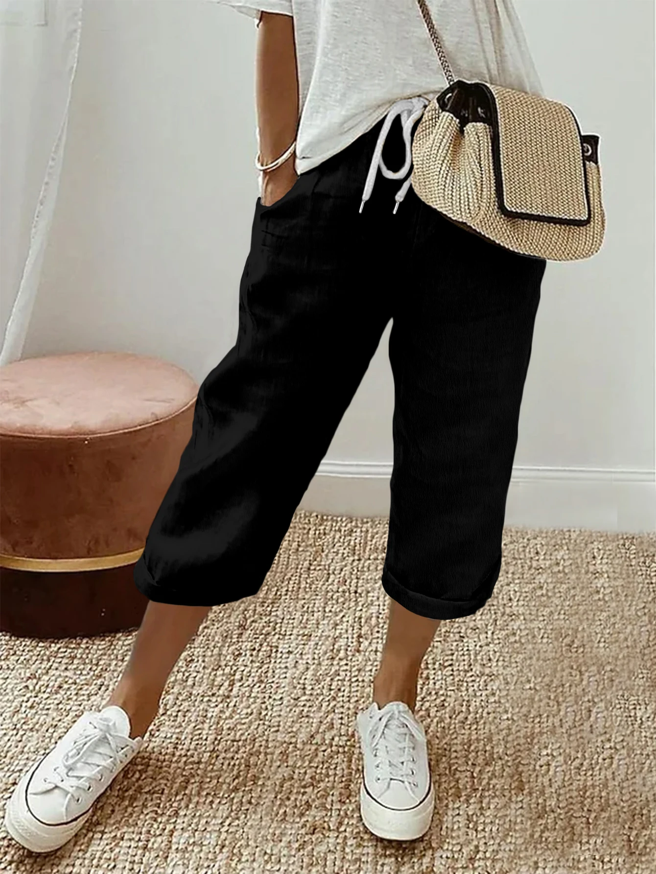 Summer Women Plus Size High Waist Drawstring Capri Pants Loose Casual Lounge Cropped Trousers Bottoms