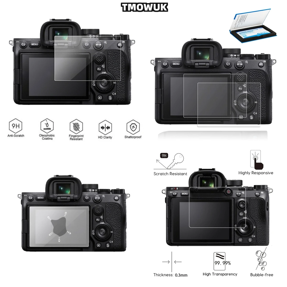 

For A9 A9II A7RII A7RIII A7R4 A7R4A A7SMII, 9H Glass Screen Cover, Anti-Scratch, Maintains HD Clarity