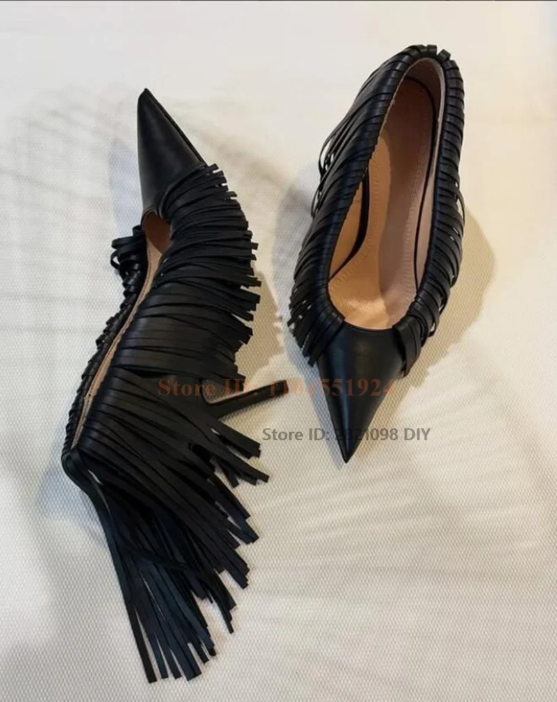 المرأة مضخات جلدية عالية الكعب أشار تو شرابة رقيقة الكعب خنجر أشار تو مضخات النساء هامش أحذية الحفلات الموضة