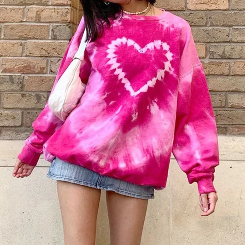 Women 2023 E-Girl Tie Dye Crewneck Long Sleeve Tops Autumn Pullovers Heart Pattern Y2K Aesthetics Pink Oversized Sweatshirts
