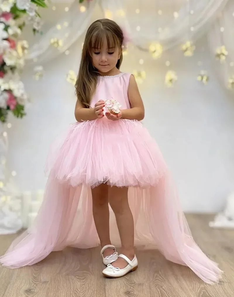 

Charming Pink Child Princess Flower Girl Dresses Beaded Bow Tulle Wedding Party Ball Gown Birthday Pageant Robe with Feather