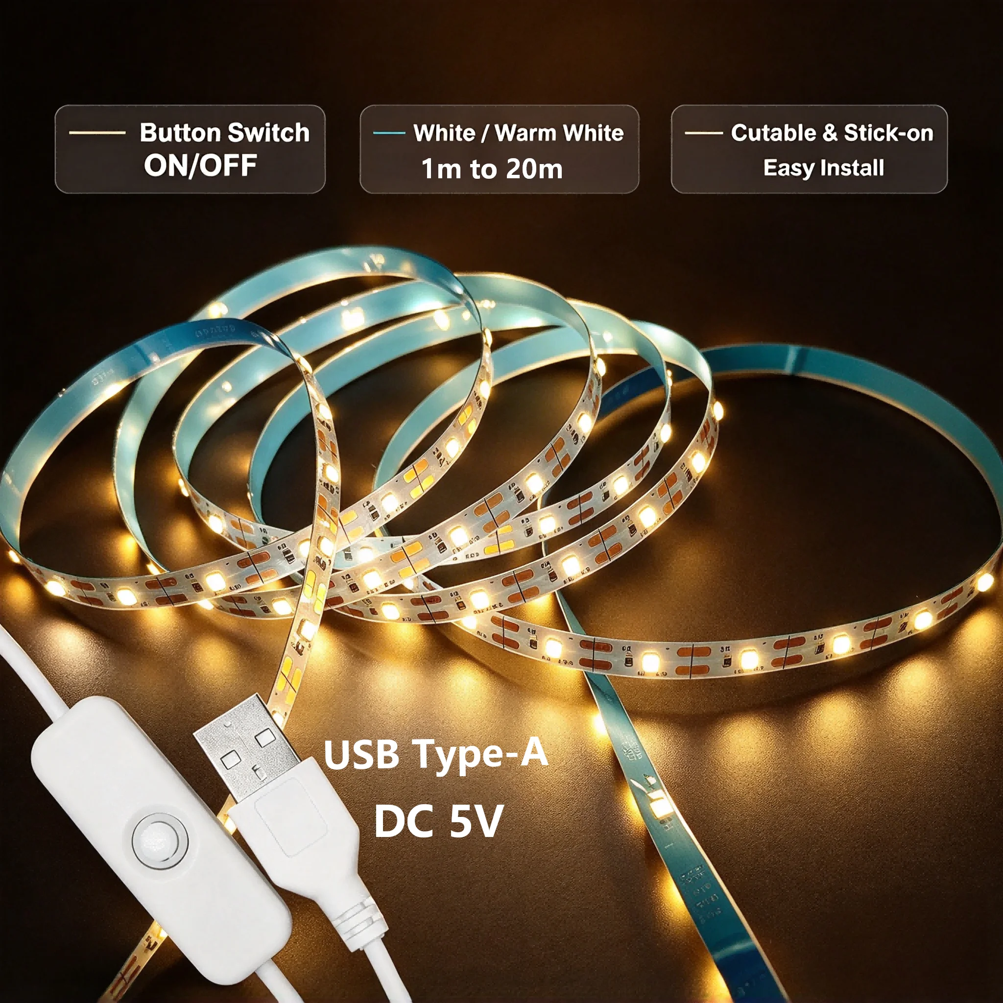 Dc 5V, USB Type-A Interface Led Light Strip, Physical Button Switch, White/Warm White, 1m to 20m Cuttable and Stickable Led Light Strips, Can Be Used for Sewing Machine Lighting, Mirror, Tv Background, Cabinet Lighting