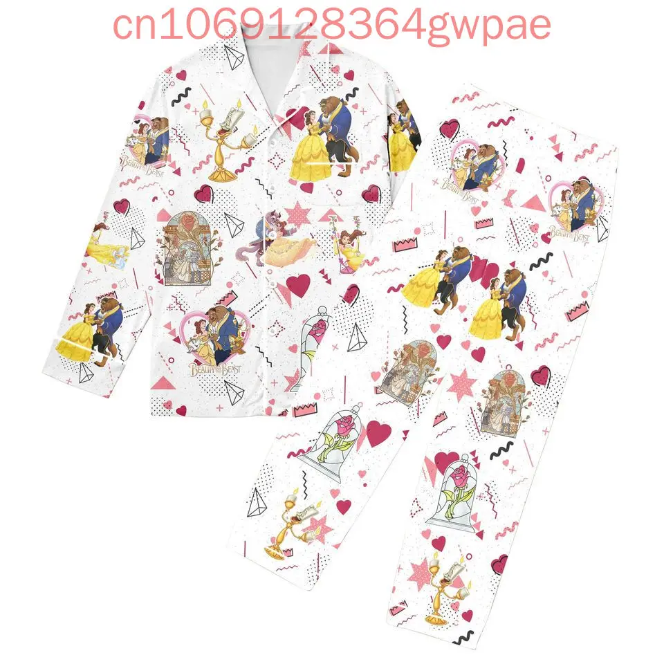 Disney Beauty and the Beast Pajama Set 3d Print Disney Casual Men\'s and Women\'s Long Sleeve Shirt Pajama Set Family Pajama Sets