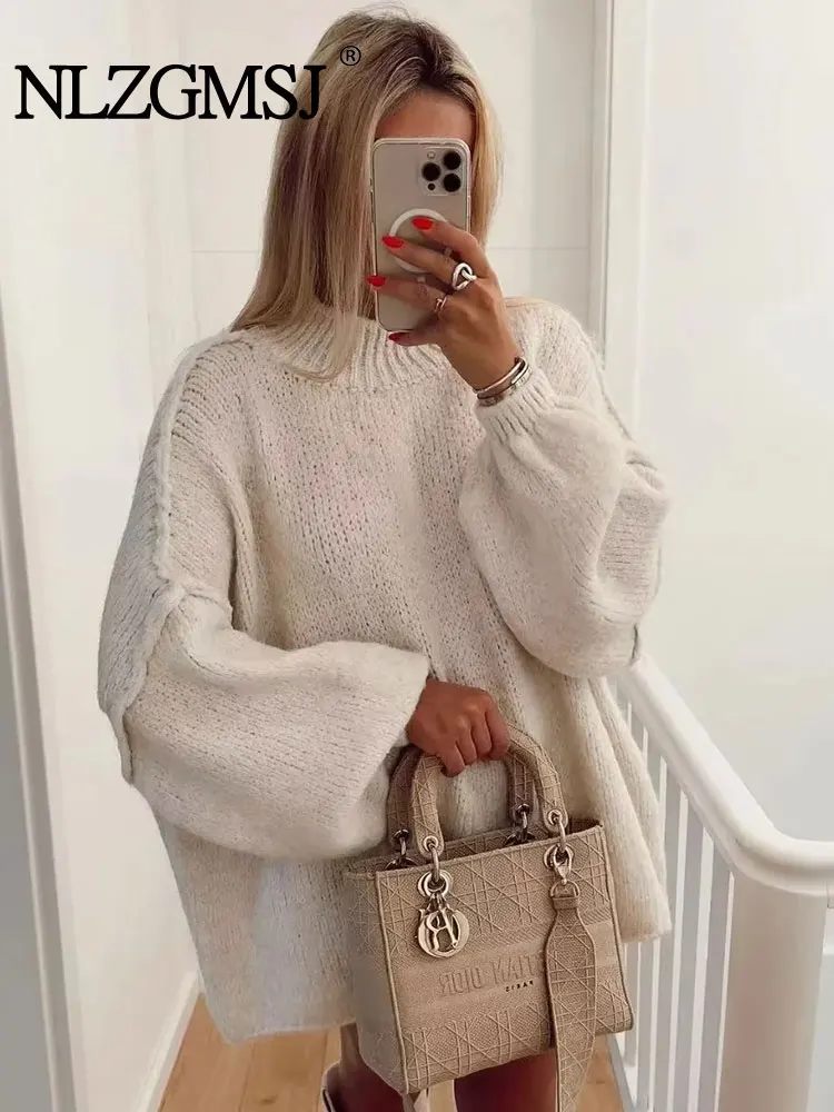 TRAF 2024 Autumn Elegant Sweater Women Loose Long Lantern Sleeve O-neck Female Knitted Pullover Thick Casual Street Lady Top