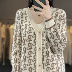 Autumn And Winter Women's V-neck Jacquard 100% Wool Cardigan Long Sleeve Loose Thick Knitted Sweater Lazy Style Letter Top