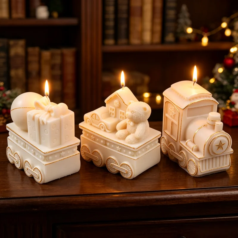 3D-Weihnachtszug-Silikon-Kerzenform, 4 Stile Lebkuchenmann, Bär, Haus, Lokomotive, Schlitten, Wachsform für DIY-Seife und Gips – Detail 10