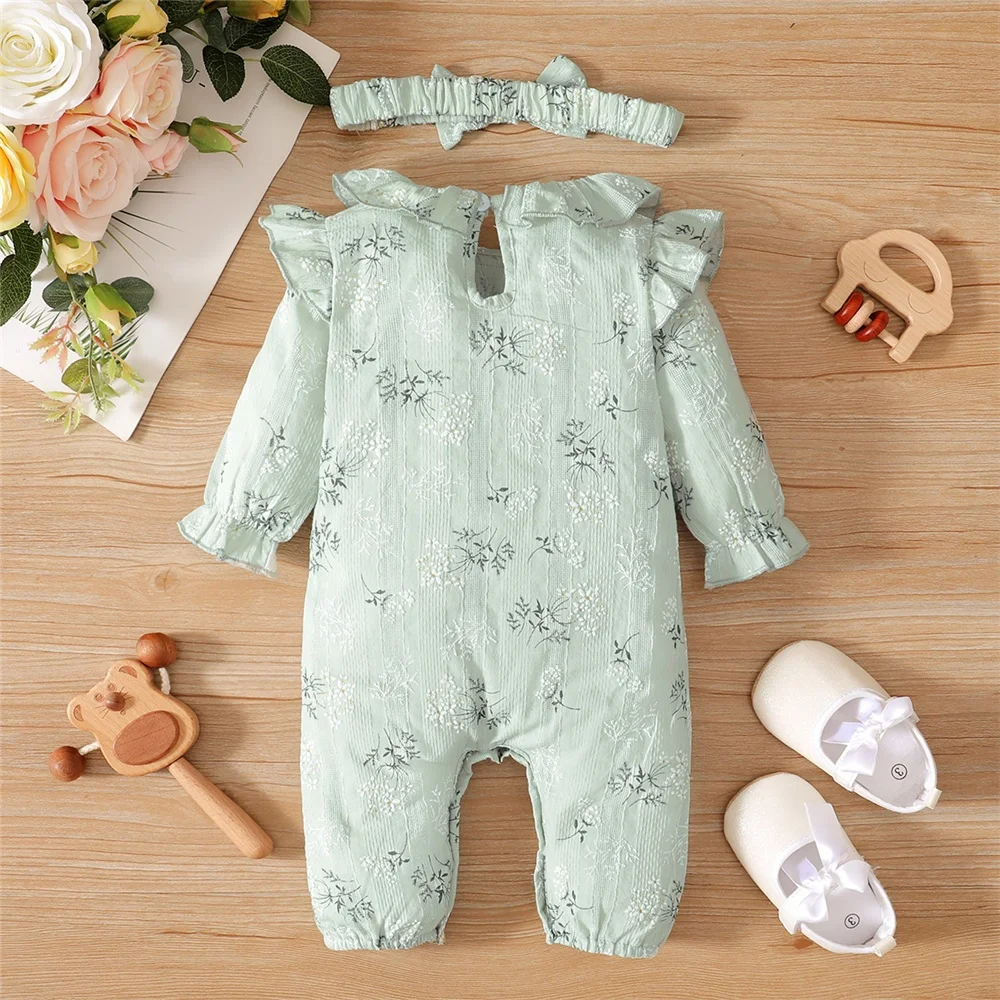 0 to 12 Months Baby Girl Romper Newborn Baby Girl Bodysuit Flowers Lotus Leaf Long Sleeve Jumpsuit with Headband Baby Onesie