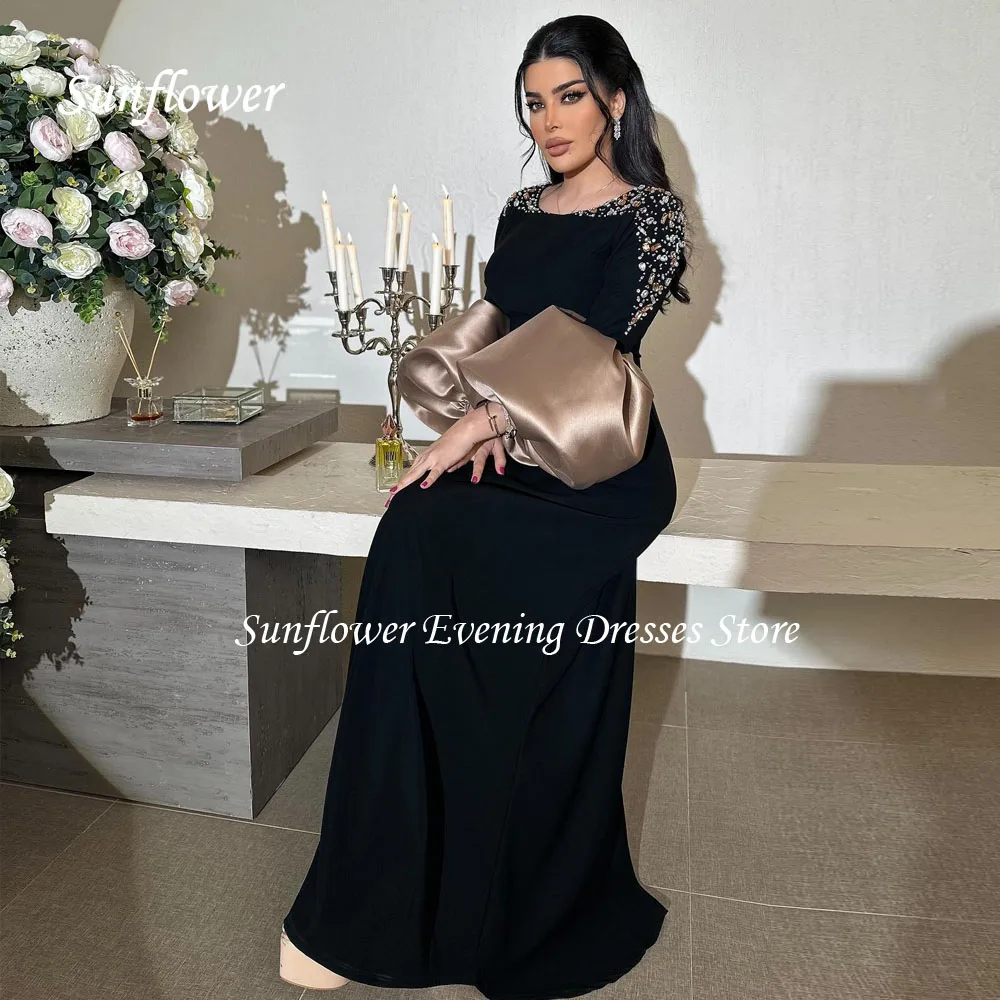 Sunflower Black Beading O-Neck Crepe Mermaid Evening Dress Saudi Arabia 2024 Slim Satin Long Sleeve Floor-Length Prom Dress