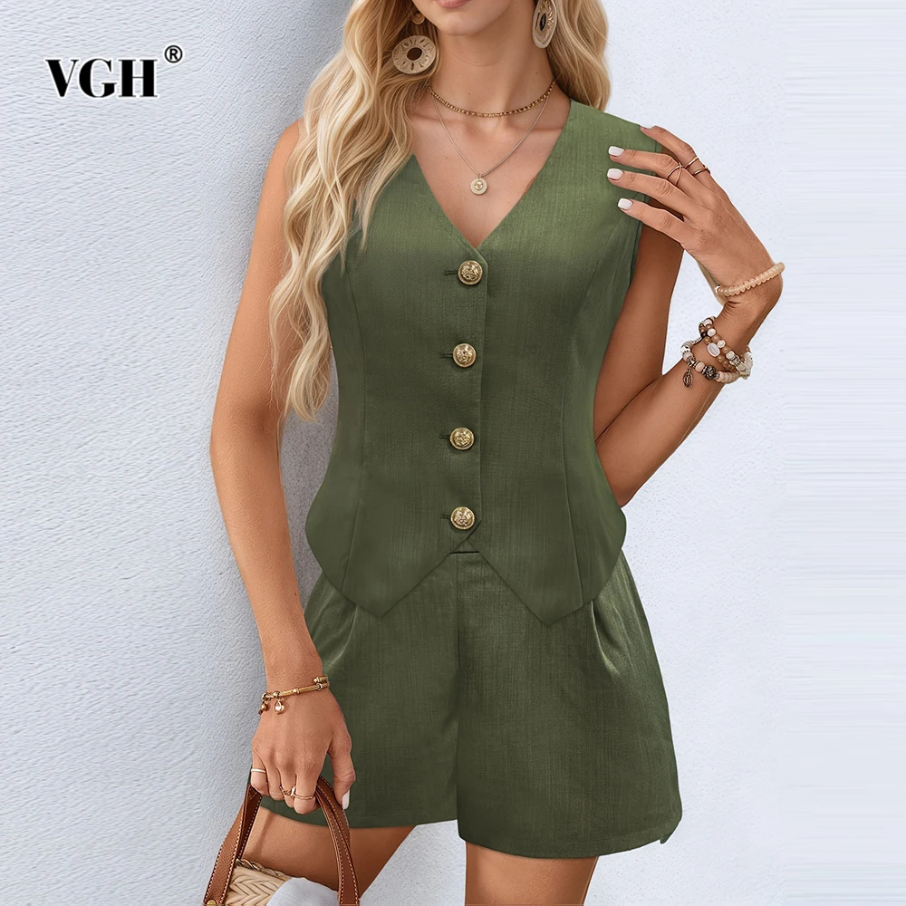 

VGH Solid Designer Two Piece Sets For Women V Neck Sleeveless Spliced Button Top High Waist Shorts Casual Set Female Fashion New