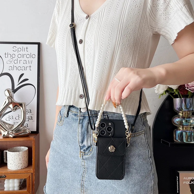 Pearl Strap Case For iPhone 17 16 14 13 12 11 15 Pro Max Plus X Wallet Card Slot Flower Crossbody Cord Lanyard Bumper Bag Cover