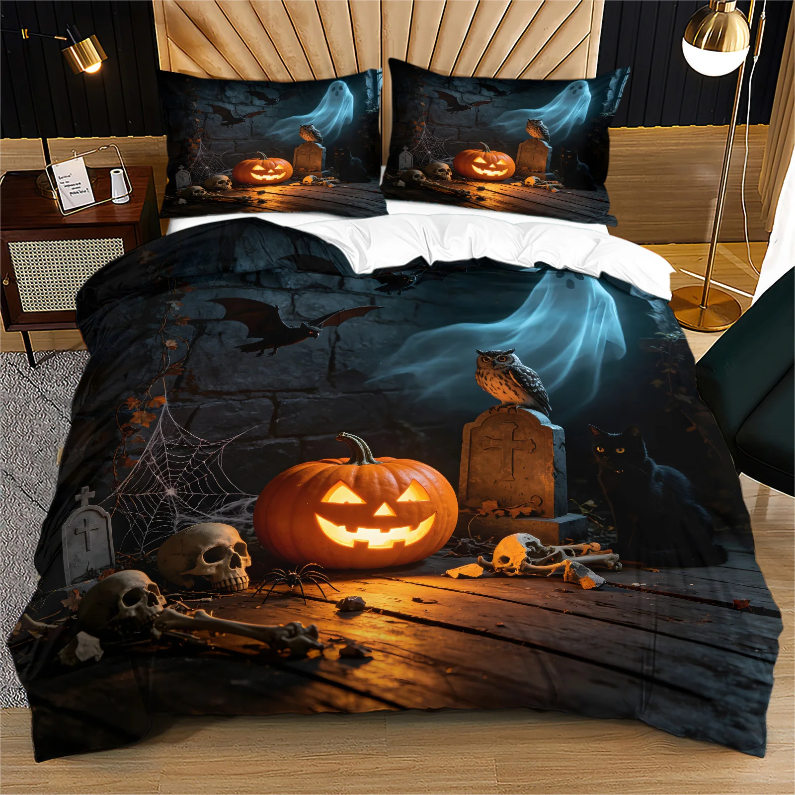 Halloween Pumpkin Ghost Owl Duvet Cover Set Scary Tombstone Bat Skull Bedding Set Soft Microfiber Quilt Cover Pillowcase Decor