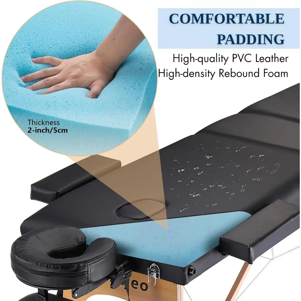 Portable Massage Table Massage Bed Proional Spa Bed, Black (3-Section) | Wooden e Height Adjusent Accories