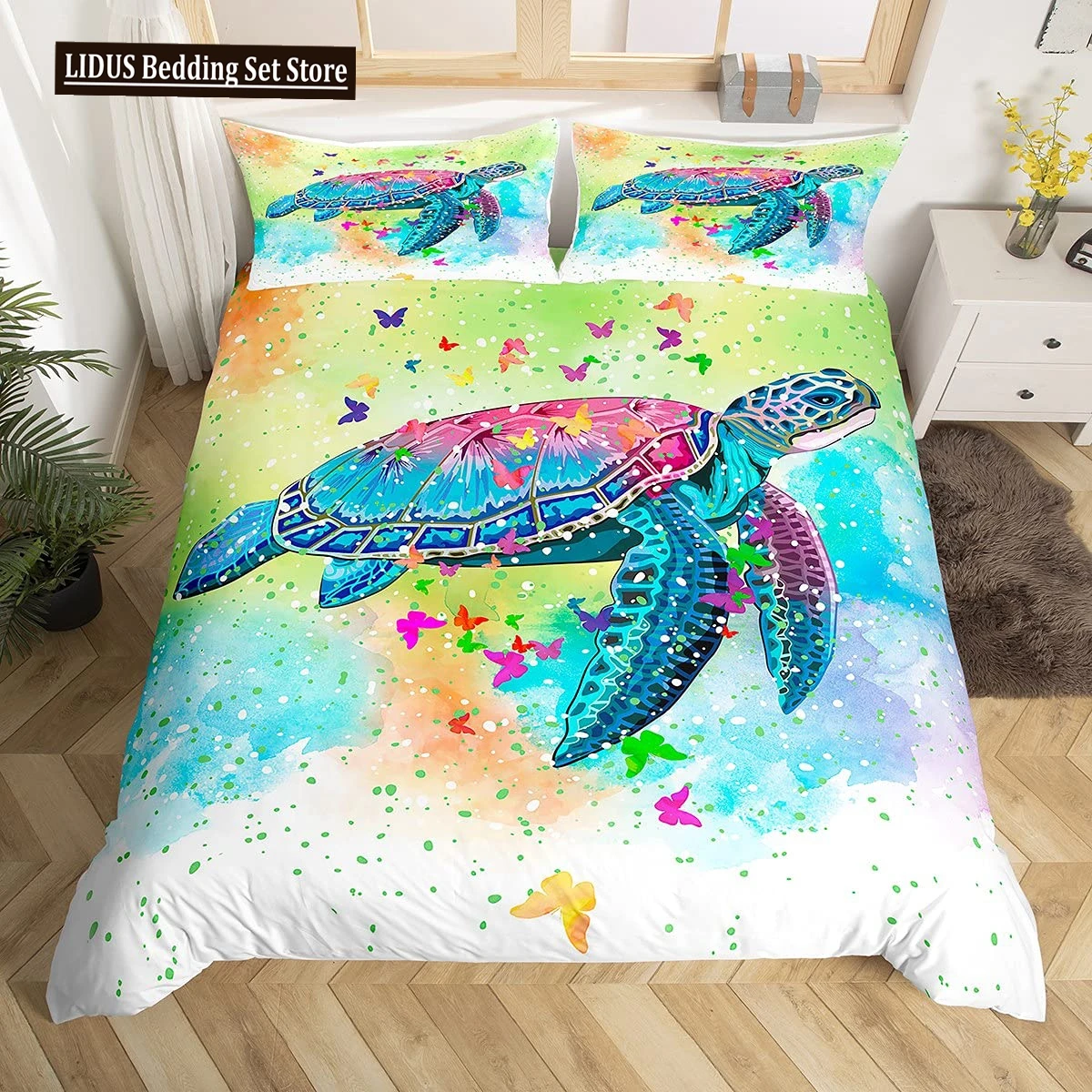 Sea Turtle Duvet Cover Set King Size Watercolor Tortoise Butterfly Comforter Cover For Boys Girly Dreaming Style Bedding Set