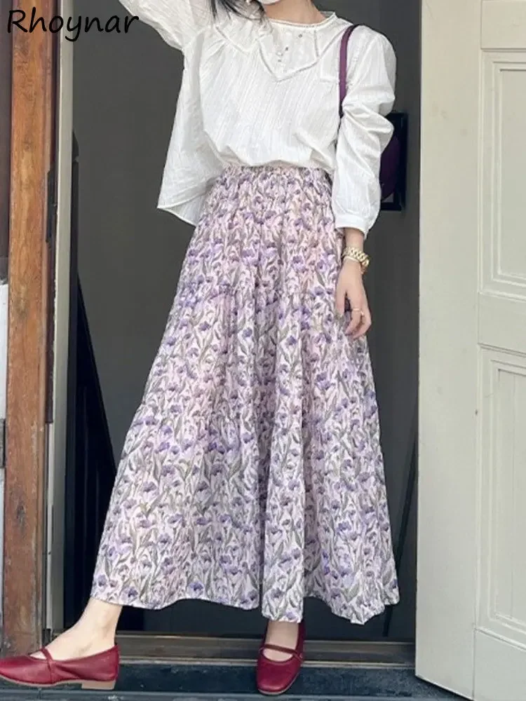 Long Skirts Women Loose Purple Floral Prairie Chic Graceful Summer Vintage Literary French Mature Tender Aesthetic Faldas Trendy