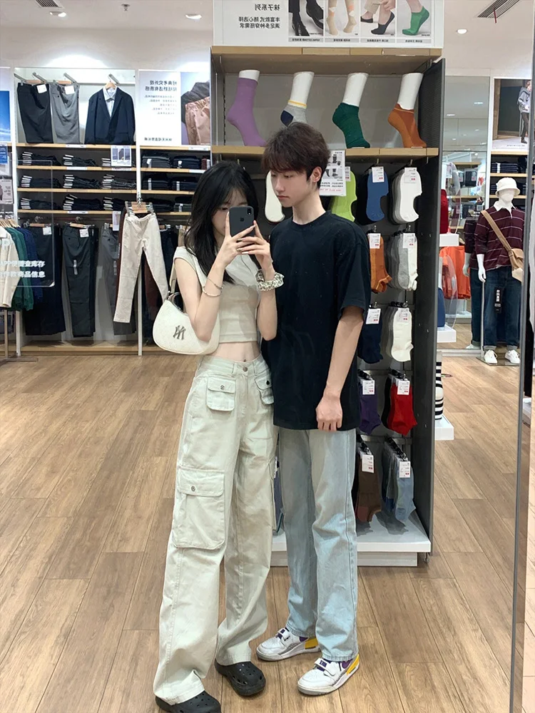 

Американские джинсы в стиле High Street Spicy Girl, белые, женские, летние, тонкие, прямые, широкие, рабочие брюки с высокой талией